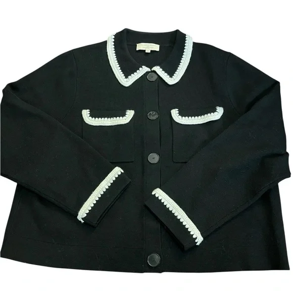 Sézane Betty Cardigan Black Ecru Crochet Trim Parisian Chic XXL Sz 12 NWOT - Picture 3 of 6
